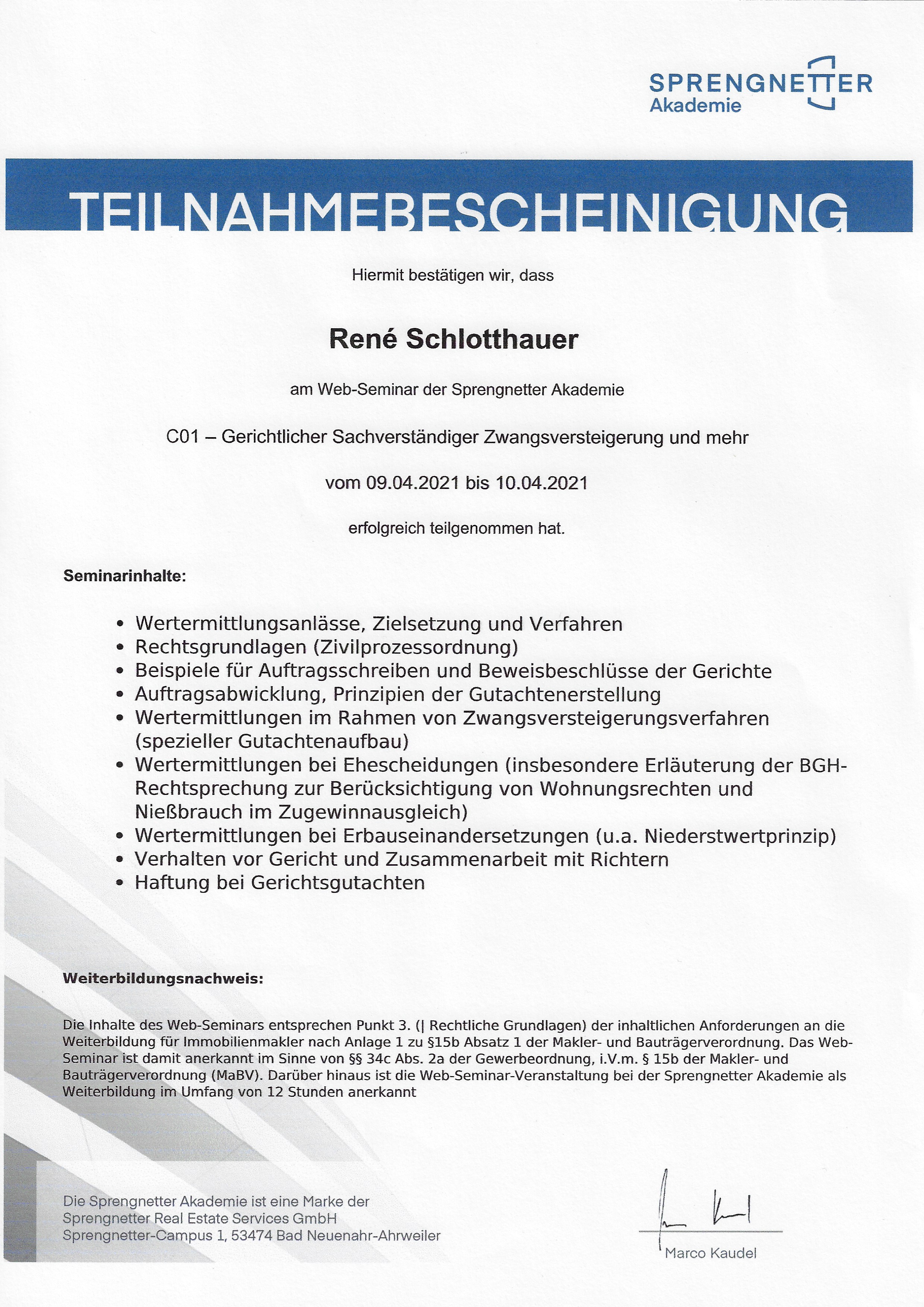 erfolgreiche Teilnahme am Seminar Gerichtlicher Sachverständiger Zwangsversteigerung und mehr